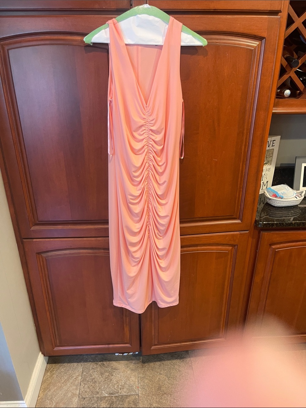 INC International Concepts Peach Ruched V-Neck Midi Dress